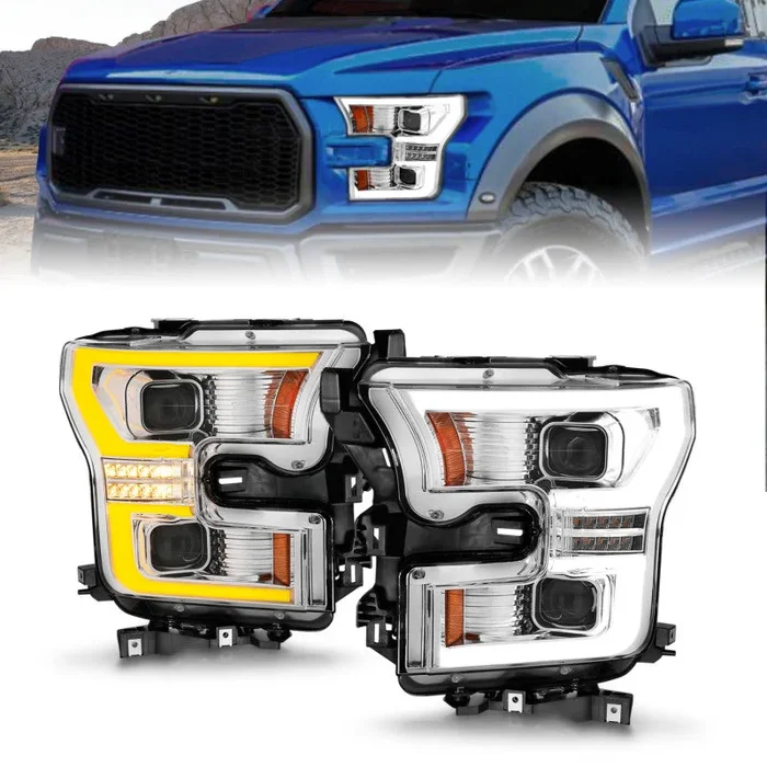 ANZO 15-17 Ford F-150 LED Projector Headlights – w/ Light Bar Switchback Chrome Housing