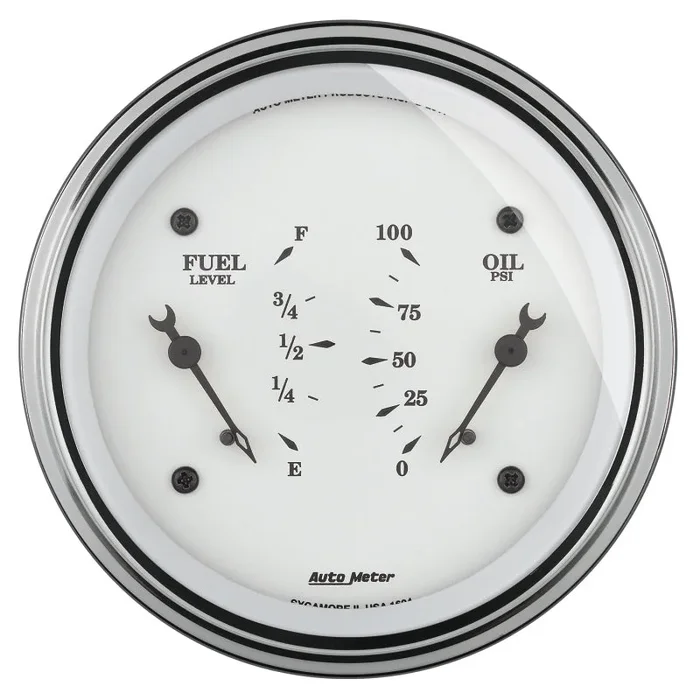 AutoMeter Gauge Dual Fuel & Oilp 3-3/8in. 0 Ohm(e) to 90 Ohm(f)& 100PSI Elec Old Tyme White