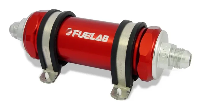 Fuelab 828 In-Line Fuel Filter Long -8AN In/Out 40 Micron Stainless – Red