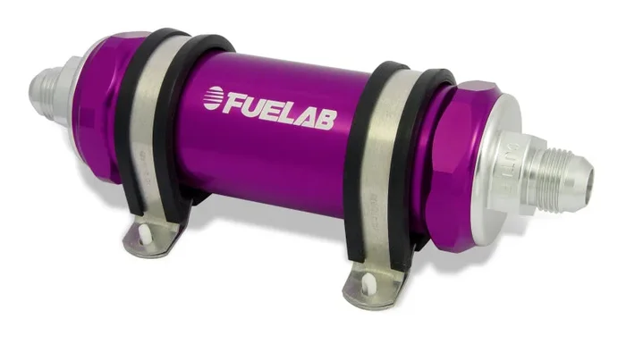 Fuelab 858 In-Line Fuel Filter Long -10AN In/Out 100 Micron Stainless w/Check Valve – Purple