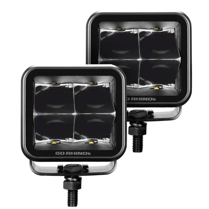 Go Rhino Xplor Blackout Series Cube LED Spot Light Kit (Surface/Threaded Stud Mnt) 3×3 – Blk (Pair)