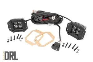 Rough Country Black Series Cree LED Fog Light Kit [2] 2 in. LED Square Lights Amber DRL 3600 Lumens 40W [4] 5W LEDs/Light Incl. Wiring Harness 3-Way Switch Flush Mount – 70803BLKDRLA