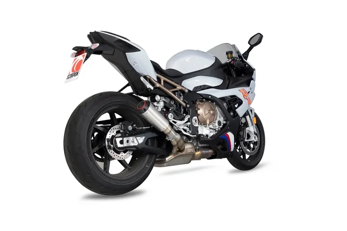 Scorpion PBM80SEO BMW S1000 RR Red Power Slip-On Exhaust – Brushed Stainless Steel Sleeve
