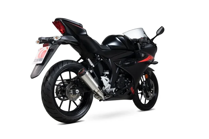 Scorpion PSI121SEO Suzuki Red Power Full Exhaust System – Brushed Stainless Steel Sleeve (GSX-R 125 / GSX-R 150)