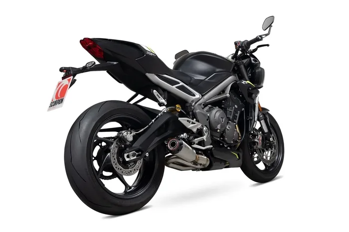 Scorpion PTR89SEO Triumph Red Power Slip-On Exhaust – Brushed Stainless Steel Sleeve (Street Triple 765 R / RS)