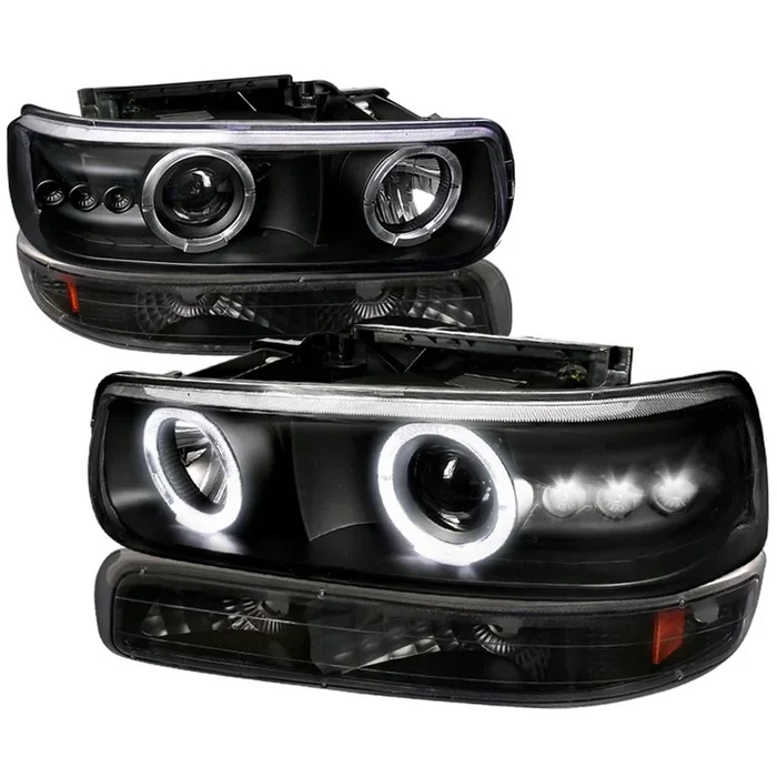 Spec-D Projector Headlights Silverado (99-02) Tahoe/Suburban (00-06) LED Dual Halo w/ Bumper Lights – Black or Chrome