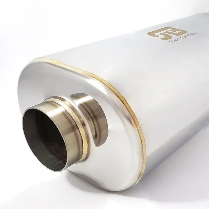 Stainless Bros 2.5in x 10in OAL SS304 Thin Oval Muffler (2.5in Offset In/2.5in Offset Out) – Polish