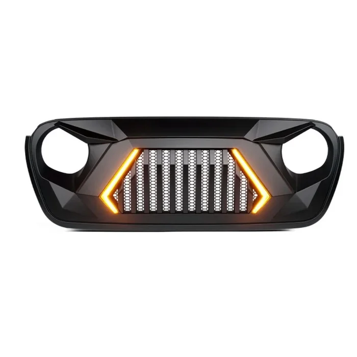Xprite Front Grill Jeep Wrangler JK (2007-2018) JL (2018-2024) w/ LED Turn Signal Lights – Matte Black / Shark Grille